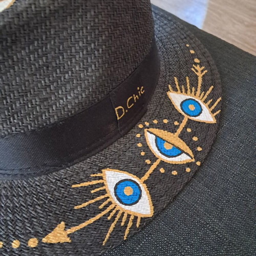 Handmade hat with painted design, new, adjustable size, black and blue