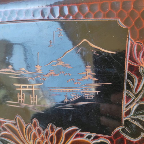 Japanese 1970s Lacquerware Carved Wooden Tray Red/Black 33x23cm like new
