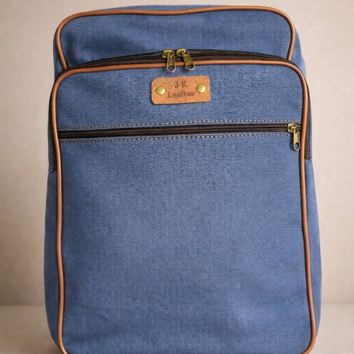 Handmade fabric backpack with leather details new blue brown