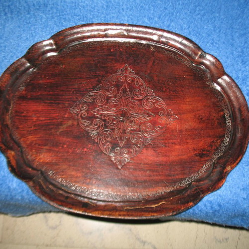 Wooden carved serving tray used with patina