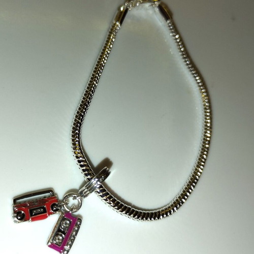 Retro cassette player and tape bracelet 80s new, silver and red