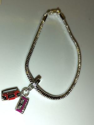 Retro cassette player and tape bracelet 80s new, silver and red