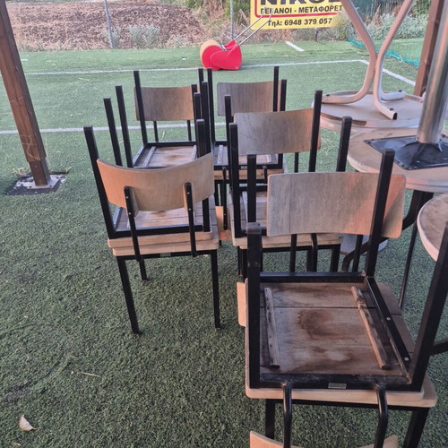 White chairs, 36 pcs, iron wood chairs 10 pcs, tables 10 pcs, wooden stools 6 pcs, fabric stools 4 pcs