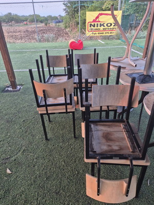 White chairs, 36 pcs, iron wood chairs 10 pcs, tables 10 pcs, wooden stools 6 pcs, fabric stools 4 pcs