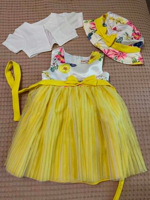 Baby dress set with hat for 12 months, like new, floral yellow