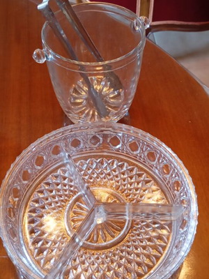 Kitchen items new, set with ice tray, tongs, nut bowl, and plates