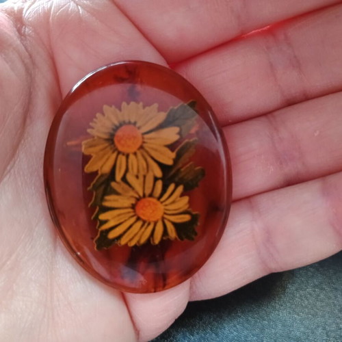 Vintage women's pin brown transparent with daisies used