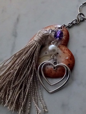 Handmade heart keychain pendant new, beige and brown
