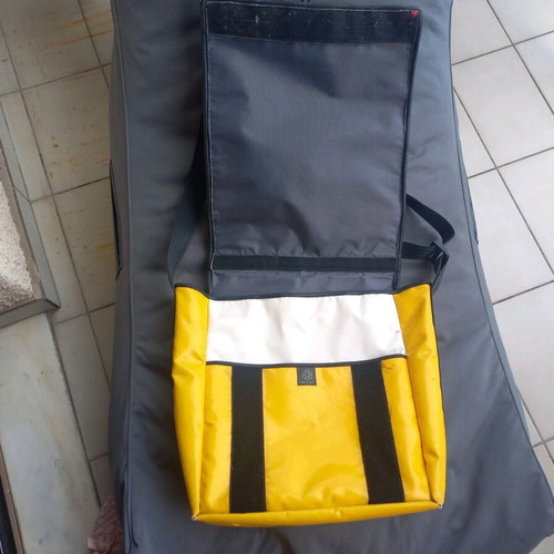 Shoulder bag used, large, yellow and purple, vintage style