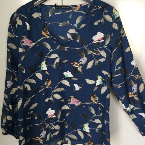 Zara Basic blouse blue with birds new, size Medium
