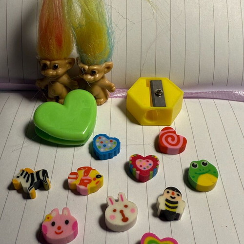 School set new with erasers, heart clip, sharpener and wish trolls
