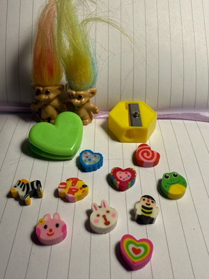 School set new with erasers, heart clip, sharpener and wish trolls