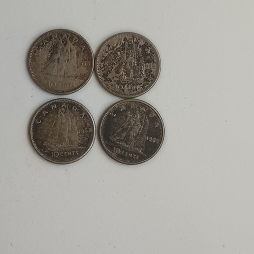 Canadian 10 Cents Coins Set refurbished, silver, 4 pieces