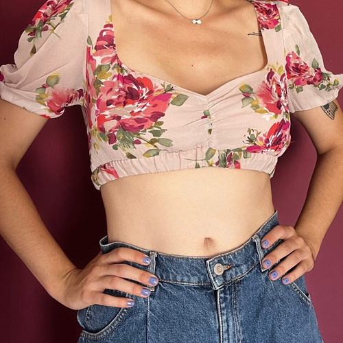 Cropped floral blouse Zara used, pink multicolor, summer short sleeves