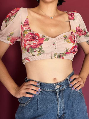 Cropped floral blouse Zara used, pink multicolor, summer short sleeves