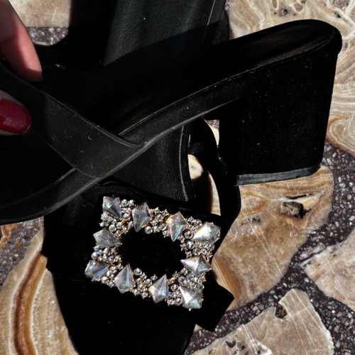 Suede black women's sandals with decorative buckle, like new