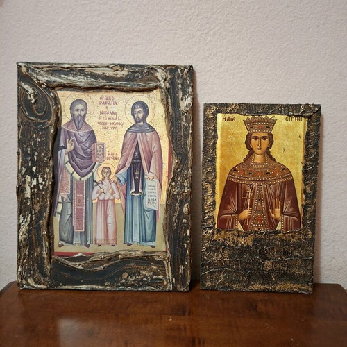 Religious icons used, set of two in wooden frame