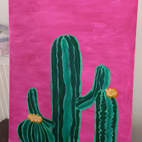 Painting with cactuses pink green medium size new