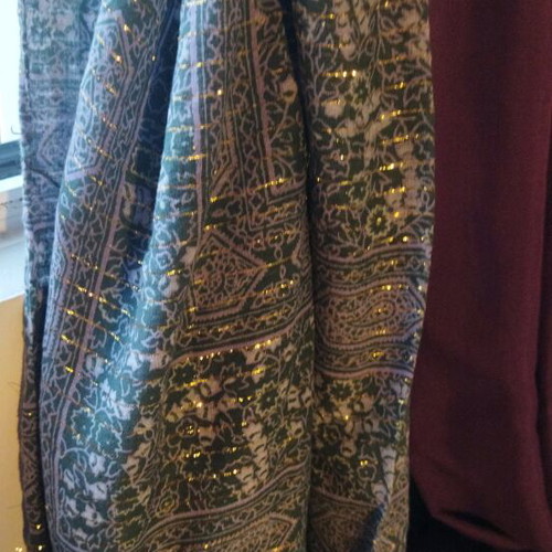 Scarf used large dark gray with gold details and fringes