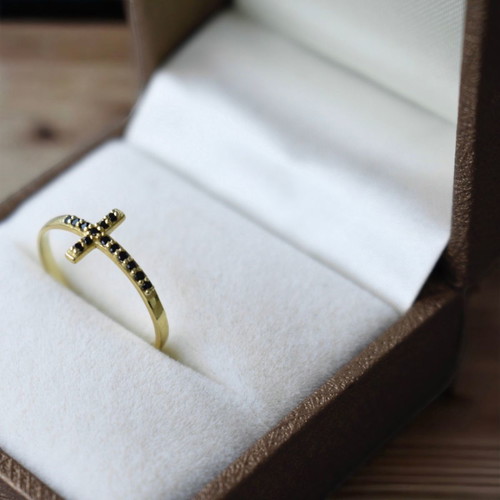 Cross ring new silver 925 with black zirconia stones