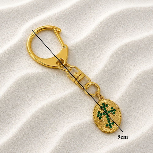 Metal keychain cross with steel pendant and strass, new