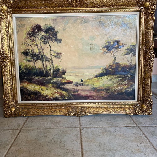 Bucolic oil painting used in frame, T.Linos