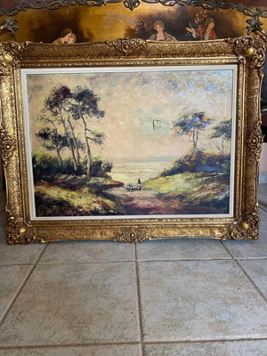Bucolic oil painting used in frame, T.Linos