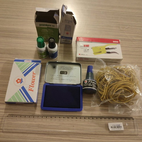 Stationery new with ink, stapler, ruler and rubber bands