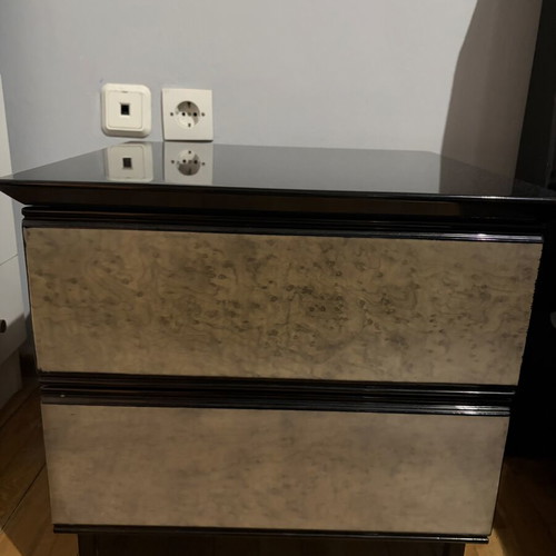 Bedroom furniture set used, includes bed, mattress, storage, nightstands, vanity, mirror