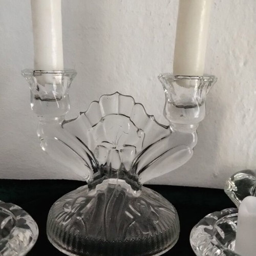 Glass candlestick set like new with candles