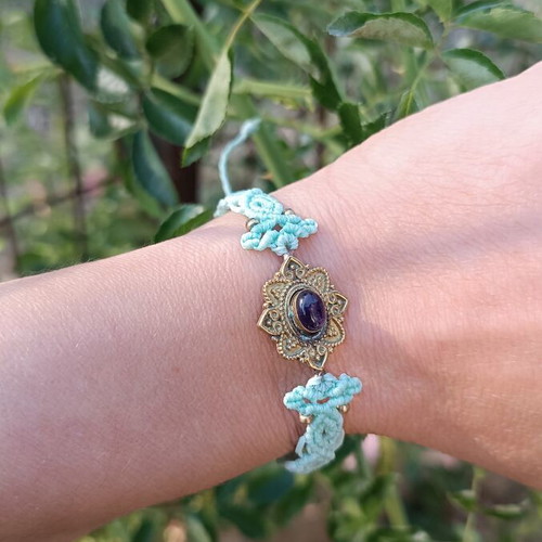 Macrame amethyst bracelet with adjustable brass charm