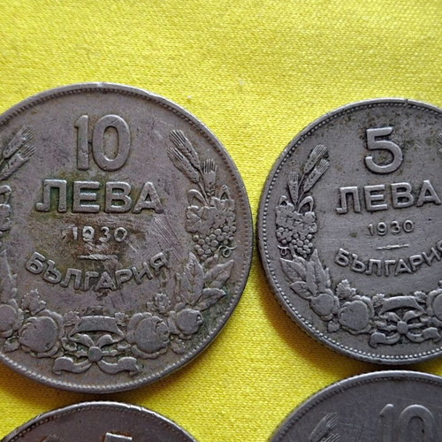 Coins 5 and 10 Leva 1930 used, pack of 8 from Bulgaria