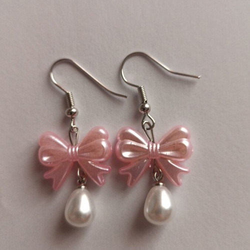 Earrings with pink bow and pearl new, silver