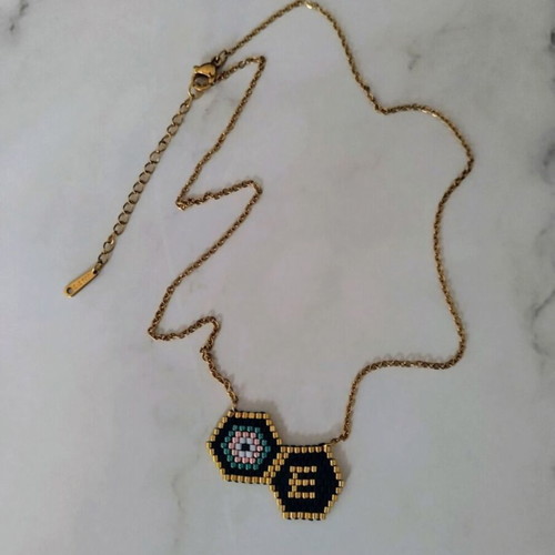 Steel monogram necklace with miyuki eye pendant made to order, black and gold