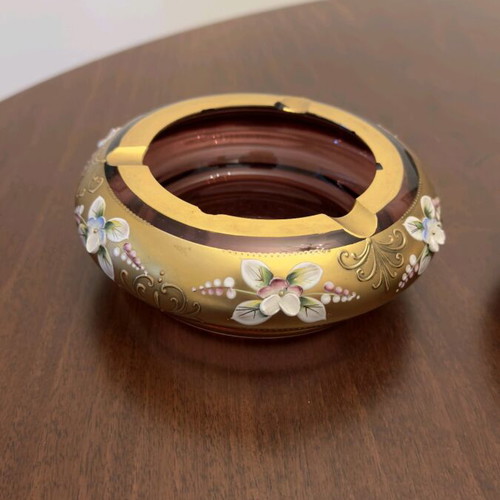 Bohemian ashtrays used, set of 2, decorated with enamel