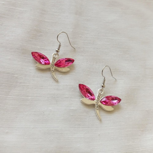 Dragonfly earrings new with fuchsia crystals and rhinestones