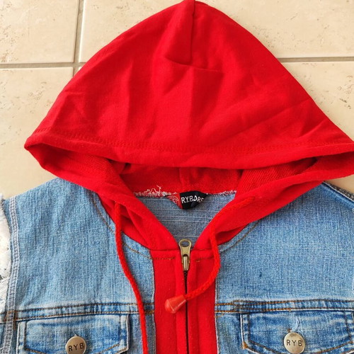 Unisex children's vest with hood like new, size 12 (152), blue denim and red
