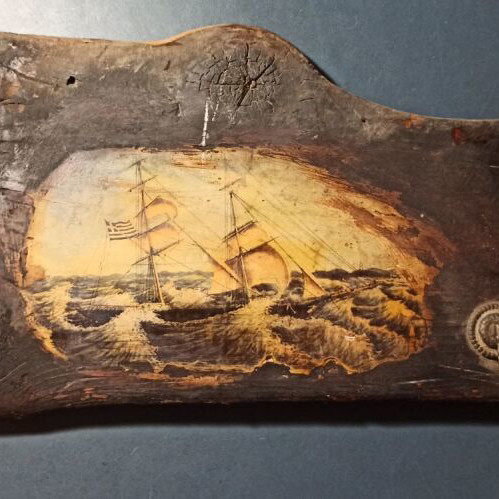 Wooden hanger with sailing ship theme used, 51x19 cm
