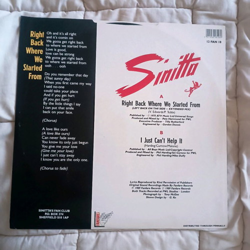 Sinitta Right Back Where We Started From vinyl record like new, 12"