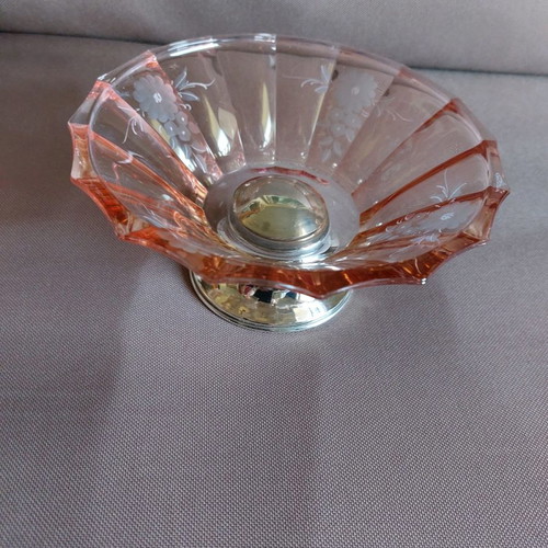 French crystal bowl with 925 silver foot like new, vintage salmon color