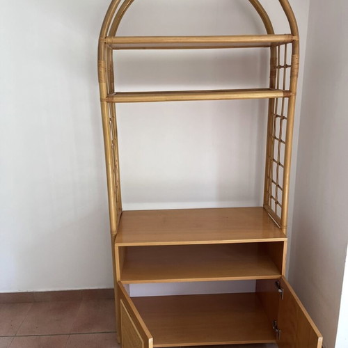 Rattan and wood display bookcase shelving unit used