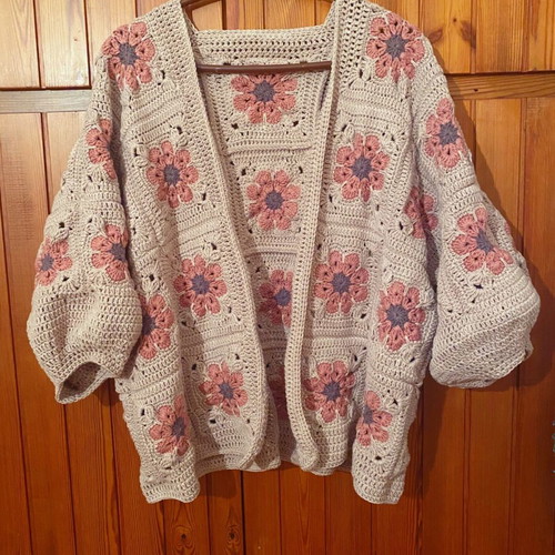 Knitted cardigan handmade new, grannysquare pink and purple