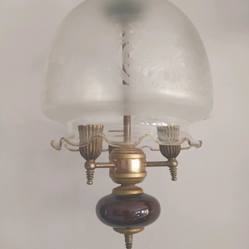 Vintage ceiling light used, 60s antique, wood, bronze and glass