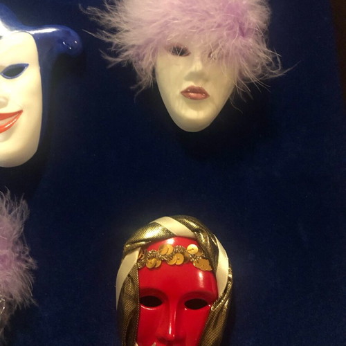Venetian masks Greek collectible circle, 16 pieces with wooden display case