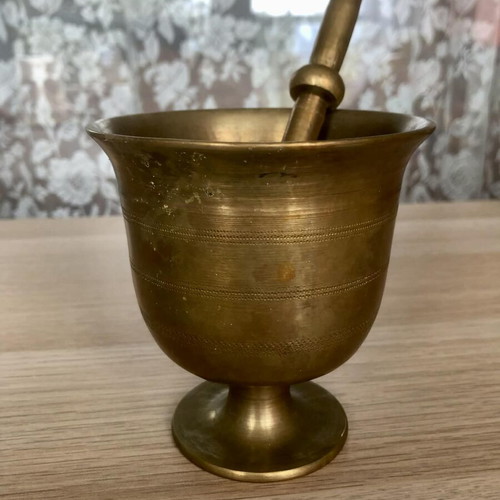 Vintage brass mortar with pestle used, decorative
