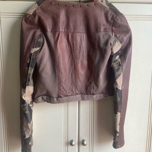 Short jacket used, tan leatherette with camouflage patches