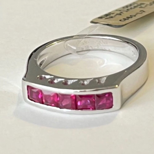 18K White Gold Half Band Ring with Princess Cut Rubies like new