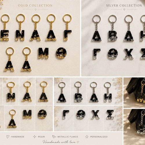 Handmade Resin Keychains with Monogram in Gold or Silver