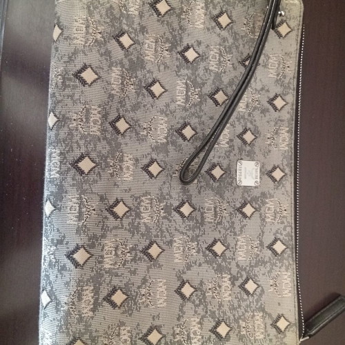 MCM Aren Monogram Jacquard Pouch used, gray charcoal wristlet clutch