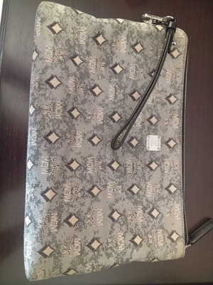 MCM Aren Monogram Jacquard Pouch used, gray charcoal wristlet clutch